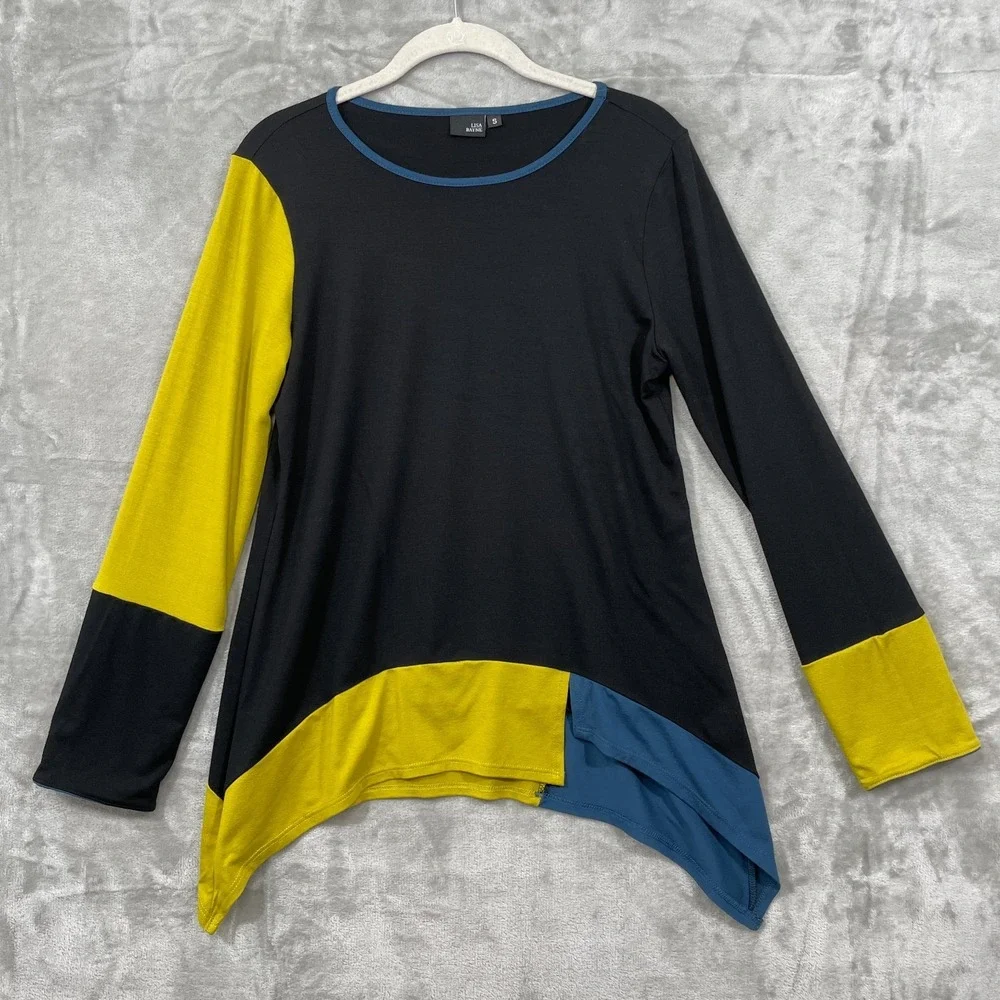 Lisa Bayne Color Block Tunic Top Size S Stretch Black Blue Mustard long‎ sleeve